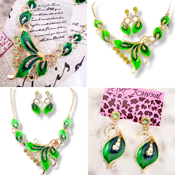 Gold plated Red green purple sparkly crystal feather necklace earrings sets - Picture 4 of 16